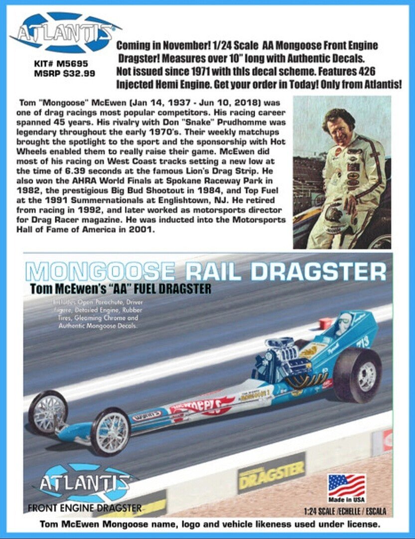 Alantis Tom McEwen Mongoose Front Engine Rail Dragster - 1/24 Scale